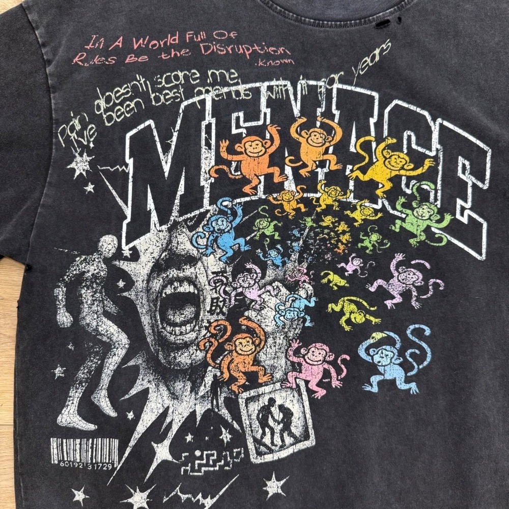 Known Menace Pain & Disruption Cropped Graphic T-Shirt Streetwear Distressed L